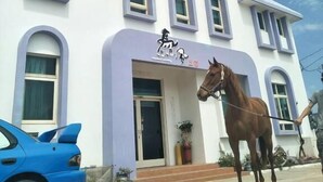A two-story building with a horse statue in front. - Equuleus Homestay (Magong)
