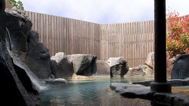 A rock pool with clear water, surrounded by large rocks and a wooden fence in the background. - Kirishima Miyama Hotel (Kirishima)