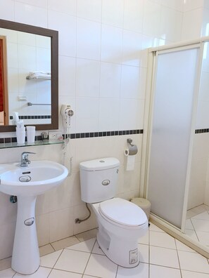 Shower, free toiletries, hair dryer, slippers