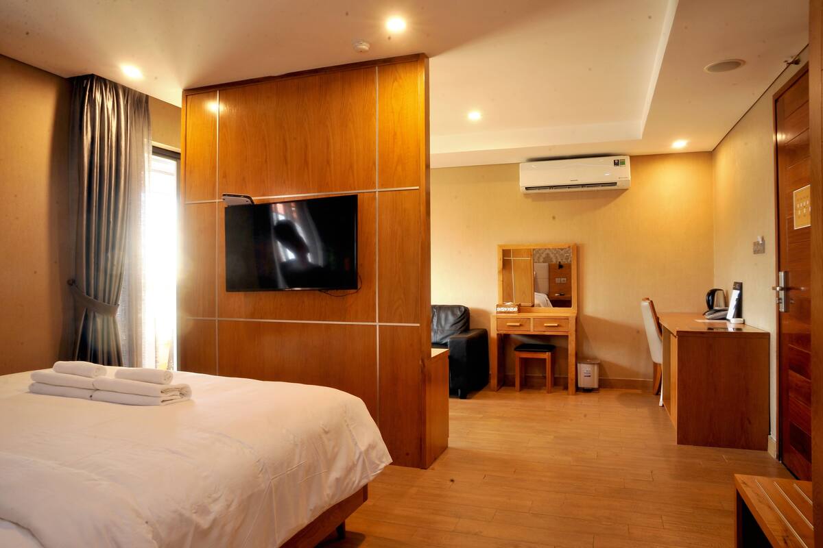 A hotel room with a bed, a desk, a chair, a television, and an air conditioning unit.