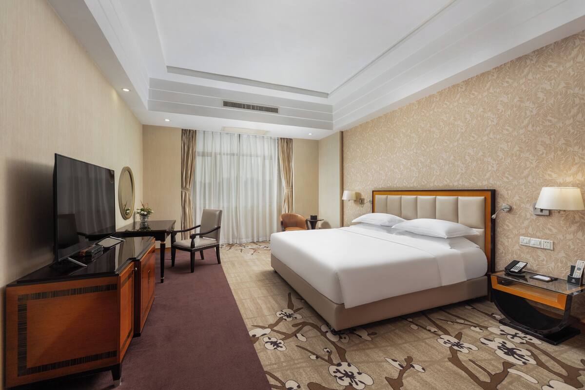 Una habitación de hotel con cama, televisor, escritorio y una silla.