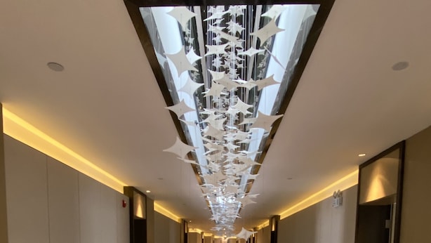 Un couloir d’hôtel avec une installation centrale réfléchissante, des murs recouverts de moquette et des portes portant des panneaux indiquant les issues de secours.