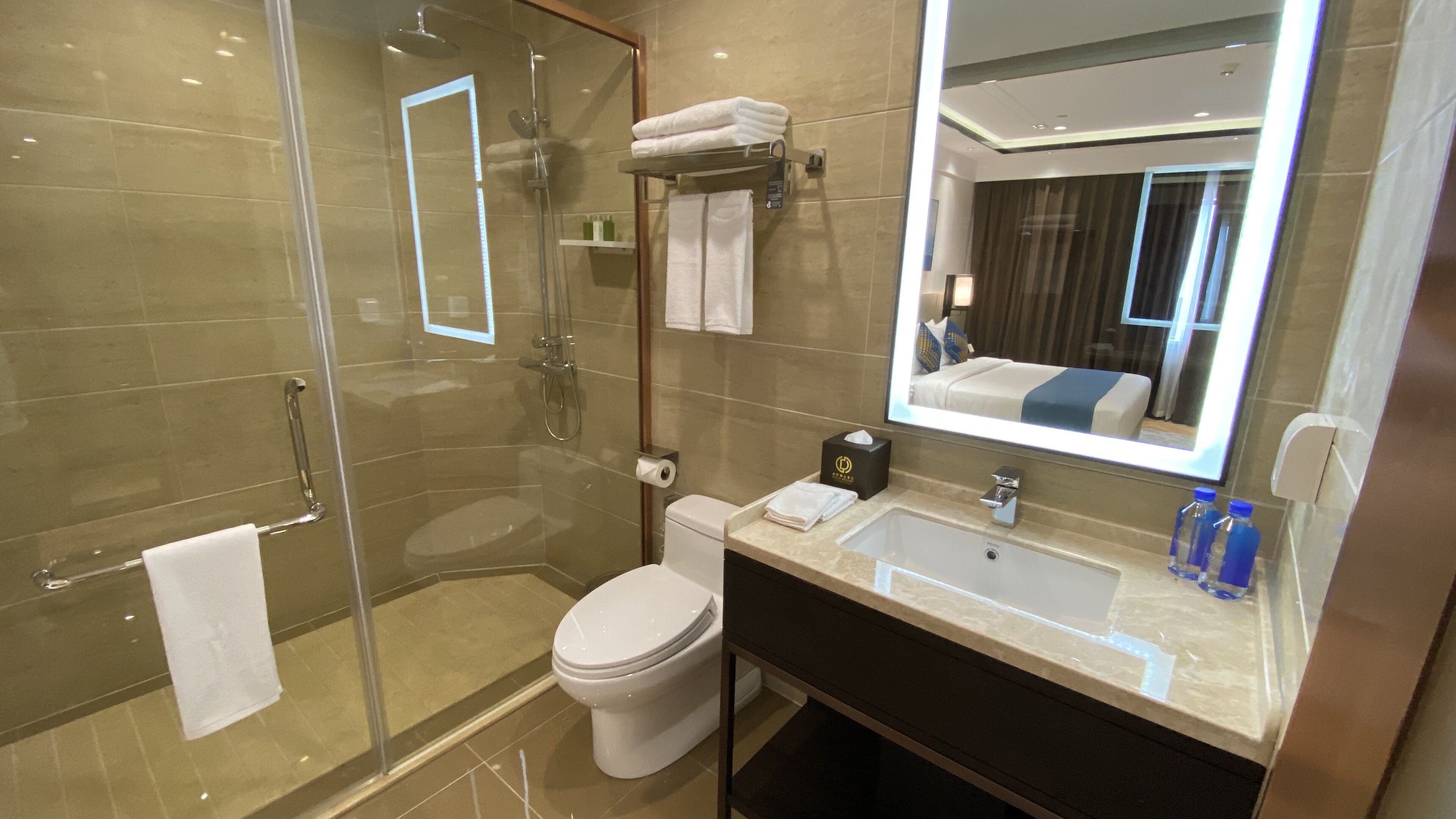 A modern bathroom with a glass-enclosed shower, a toilet, a sink with a mirror, and a towel rack.