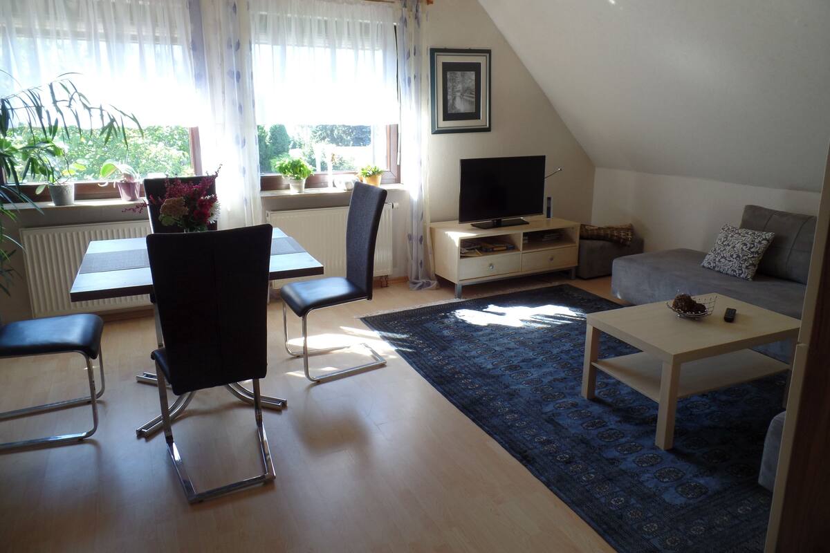 Un salon moderne comprenant un coin repas, un canapé, un téléviseur et une table basse.
