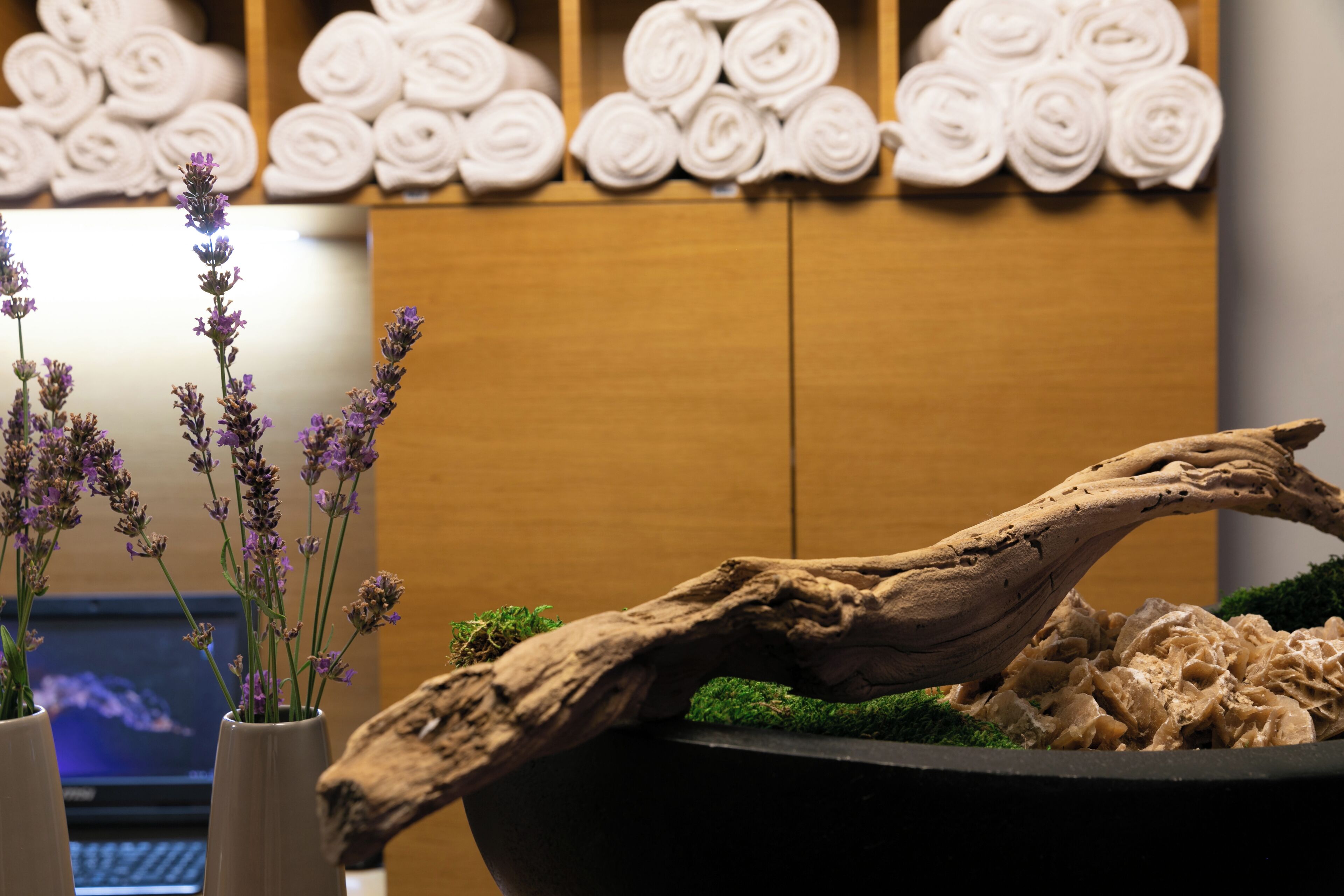 A wooden cabinet with rolled towels and a decorative piece of driftwood in a planter.
