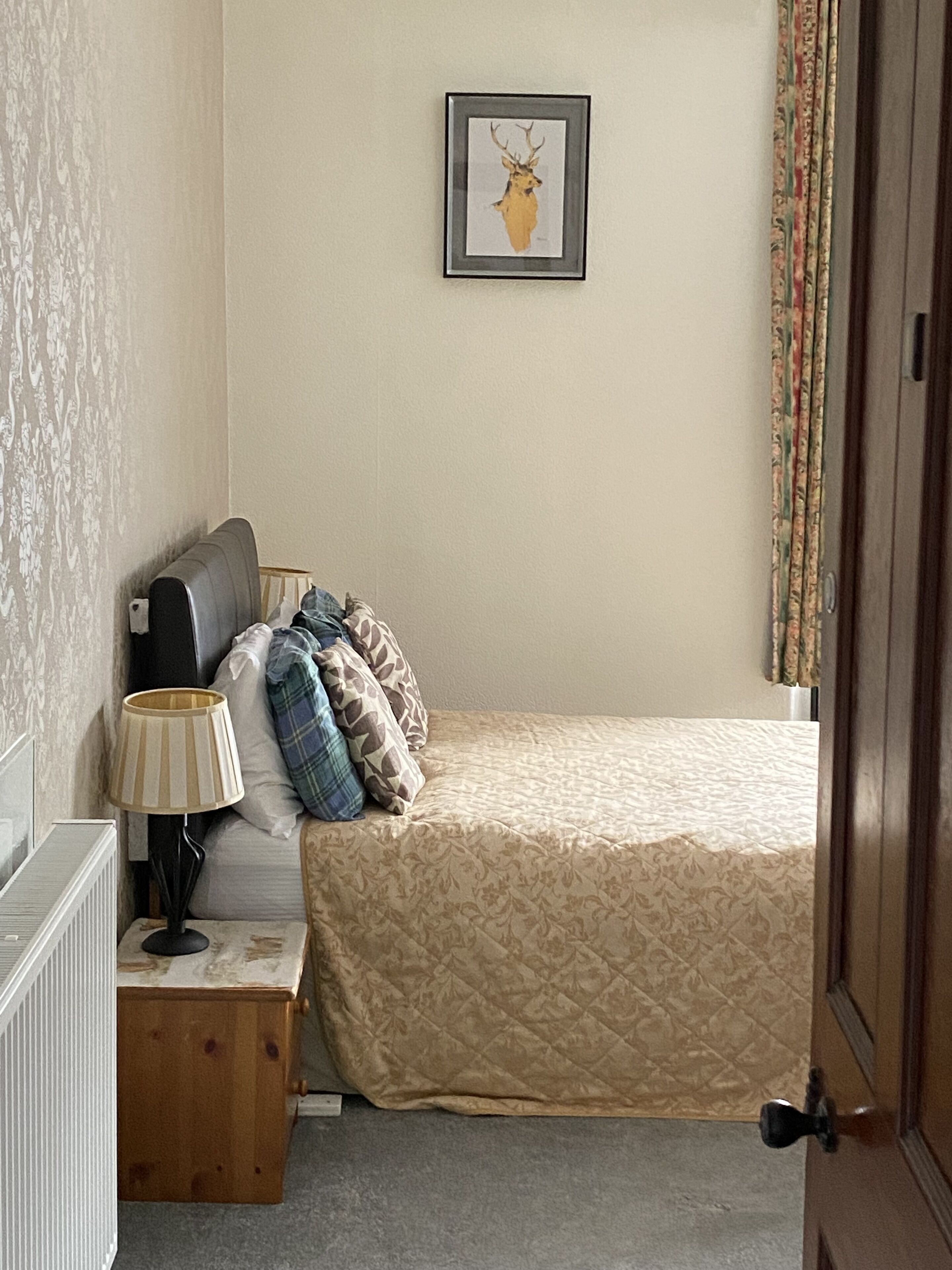 A bedroom with a bed, a nightstand, a lamp, a framed deer picture, and a radiator.