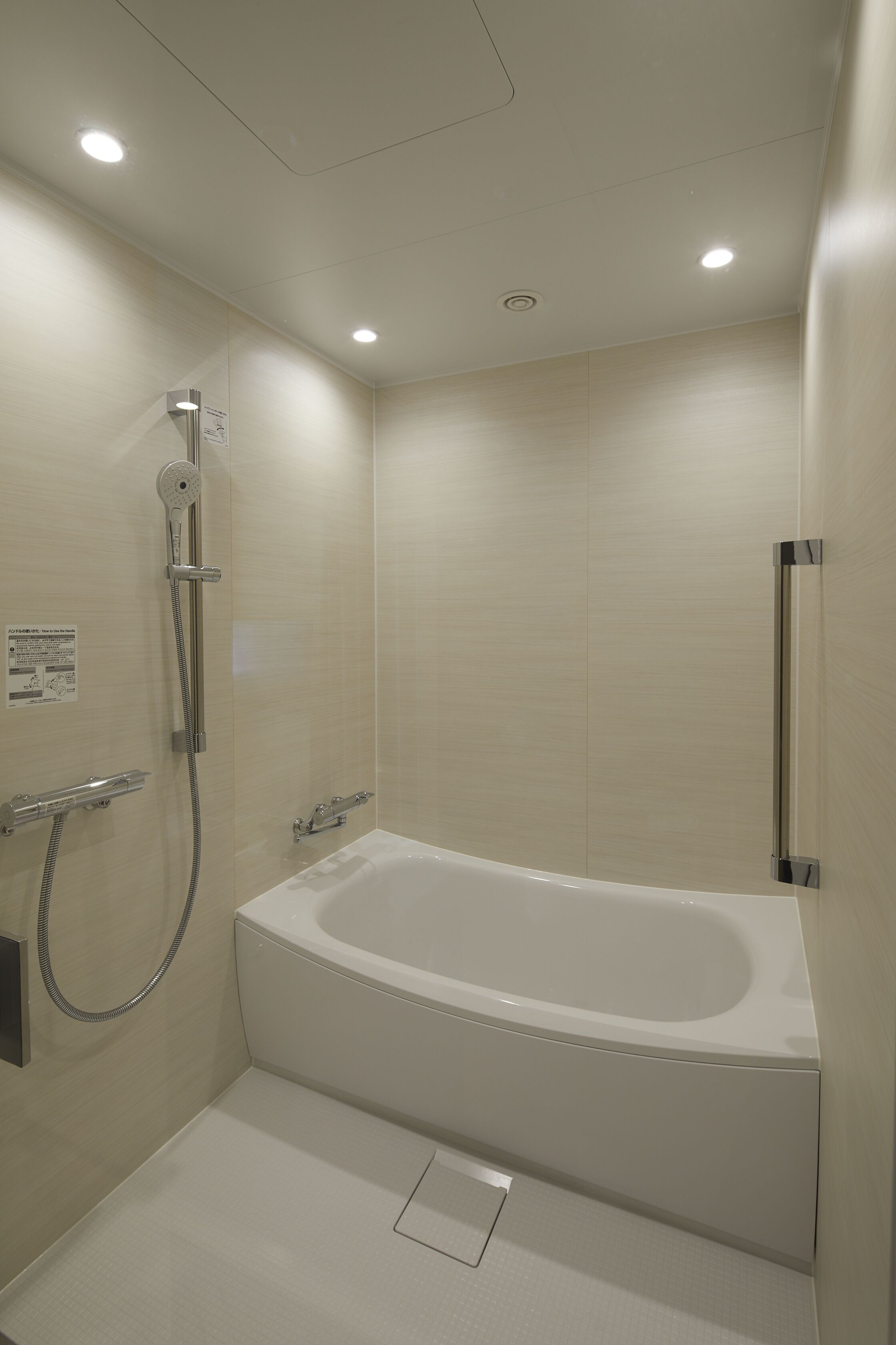 A modern bathroom with a freestanding bathtub, a handheld showerhead, and a wall-mounted faucet.