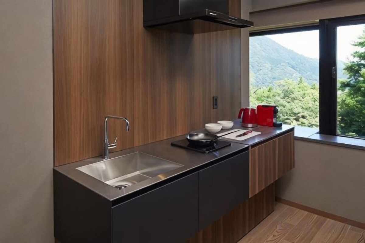 A modern kitchen with a built-in sink, wooden cabinetry, and a window with a mountain view.