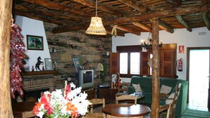 A rustic living room with a stone wall, wooden furniture, a television, and a green sofa. - Hostal Las Terrazas de la Alpujarra (Bubion)