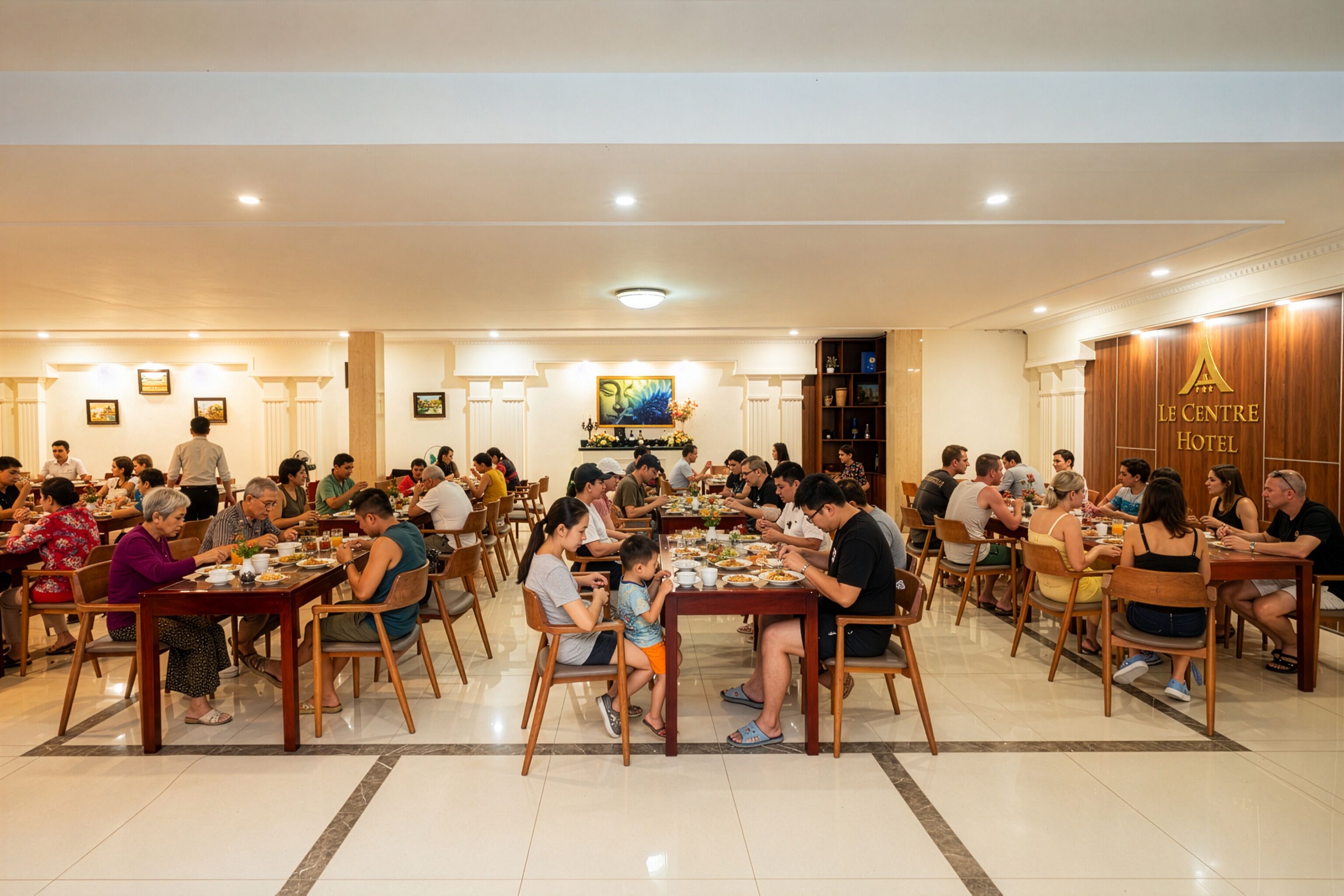 A spacious dining area with multiple tables and chairs, a central decorative piece, and a sign indicating the name of the establishment.