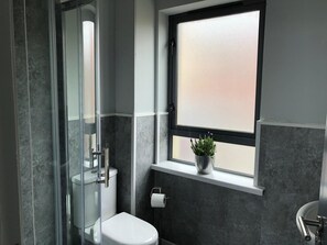 A modern bathroom with a glass shower enclosure, a toilet, a sink, and a window with a plant on the windowsill. - City Central Townhouse by BHR Apartments (Belfast)