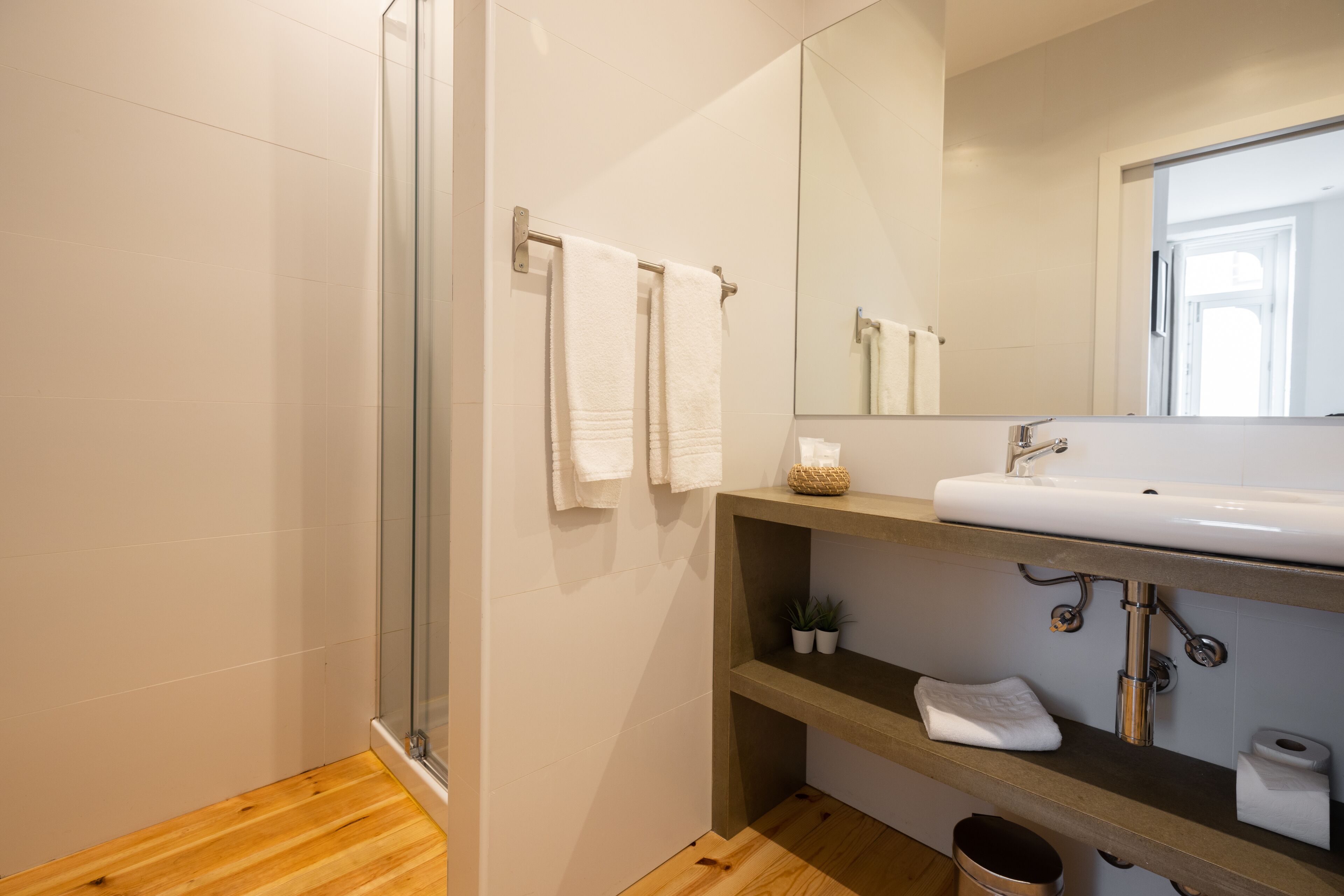 A modern bathroom with a glass shower enclosure, a white sink, and a mirror above it.