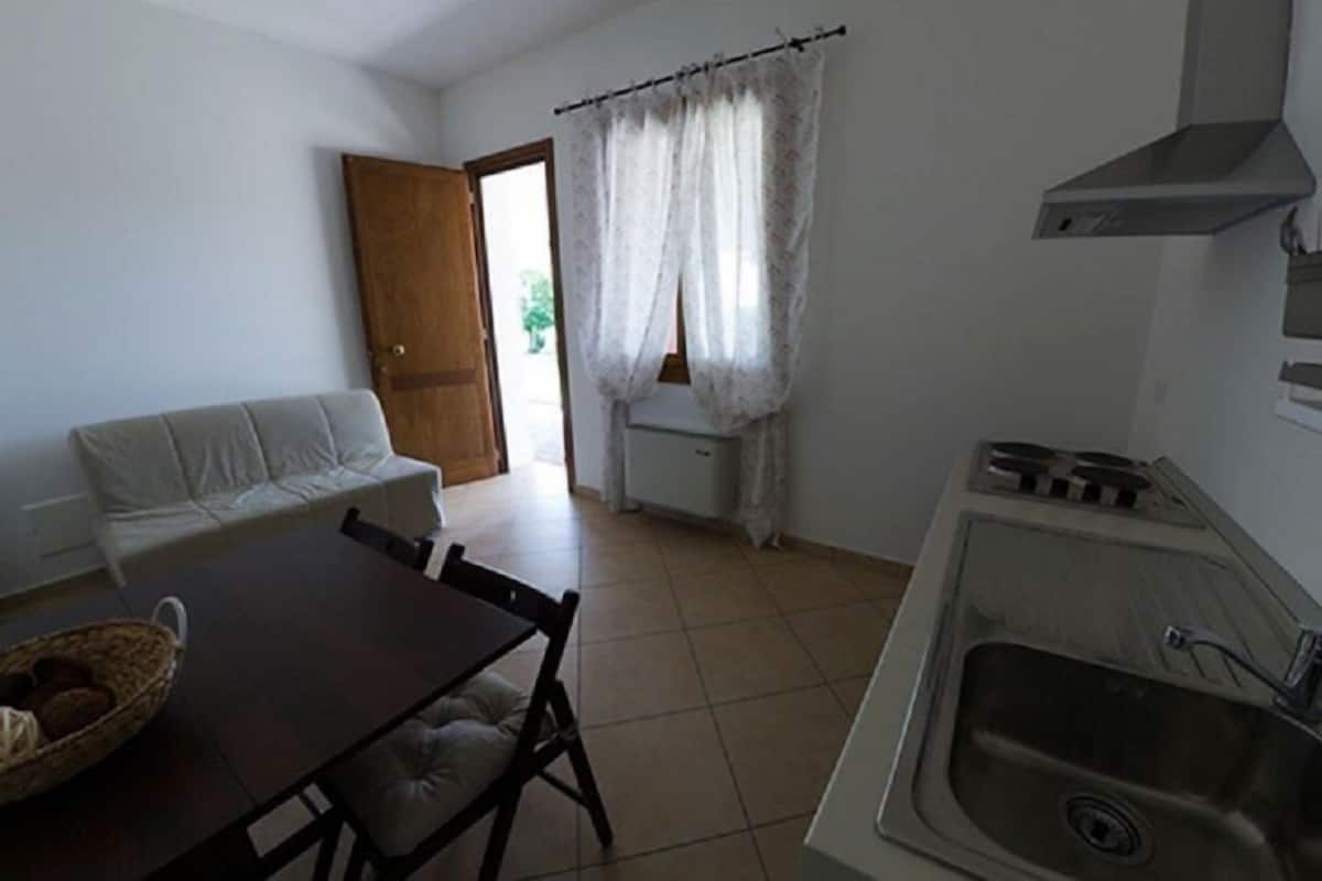 Een kleine, open woon- en keukenruimte met een bank, eettafel en kitchenette.
