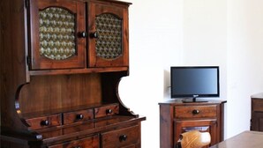 A wooden cabinet with glass panels and a television on a stand. - Agriturismo Cà Pisani (Porto Viro)