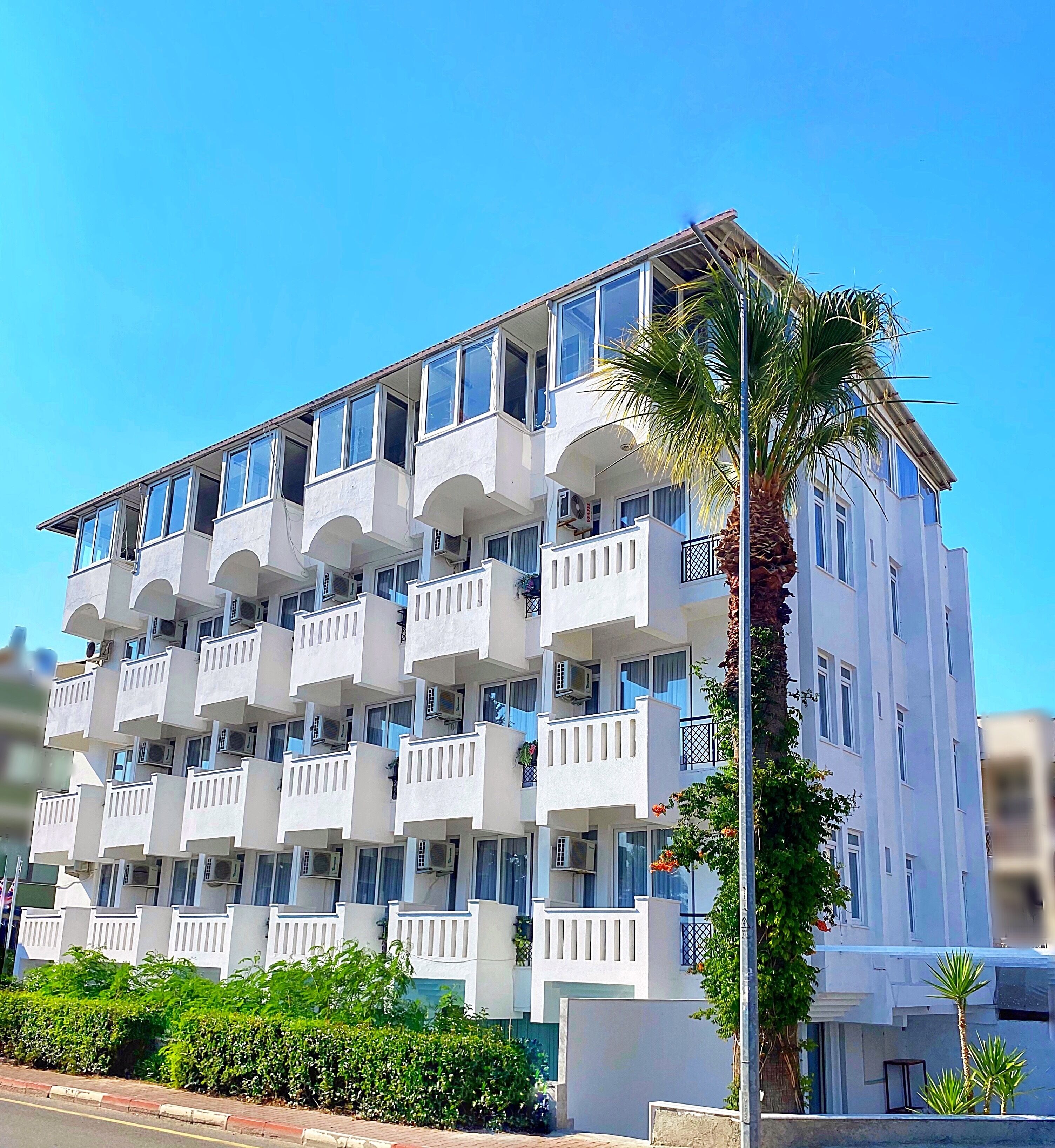 A multi-story hotel with balconies, air conditioning units, and a palm tree in front.
