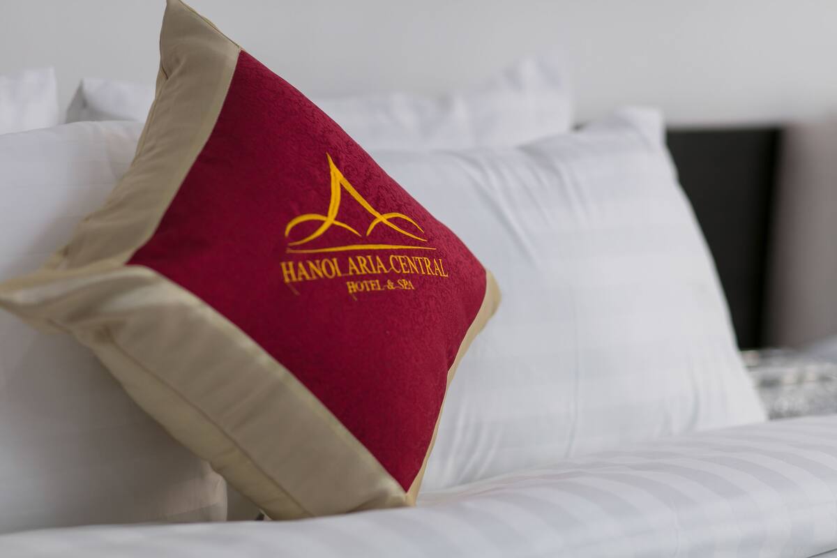 A hotel pillow with the logo and name of Hanoi Ari Central Hotel & Spa.