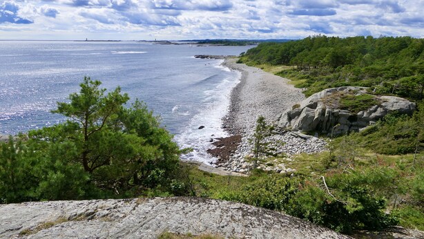 A coastal landscape with a rocky shoreline, dense greenery, and a view of the sea. - Raet Camping (Arendal)