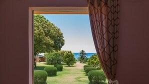 Une fenêtre donnant sur un jardin bien entretenu, avec des arbustes taillés avec soin et un ciel bleu dégagé.