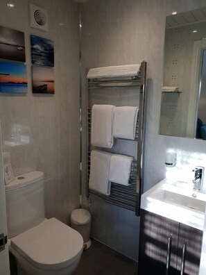 Habitación Deluxe doble | Baño | Ducha, artículos de higiene personal gratuitos y secador de pelo