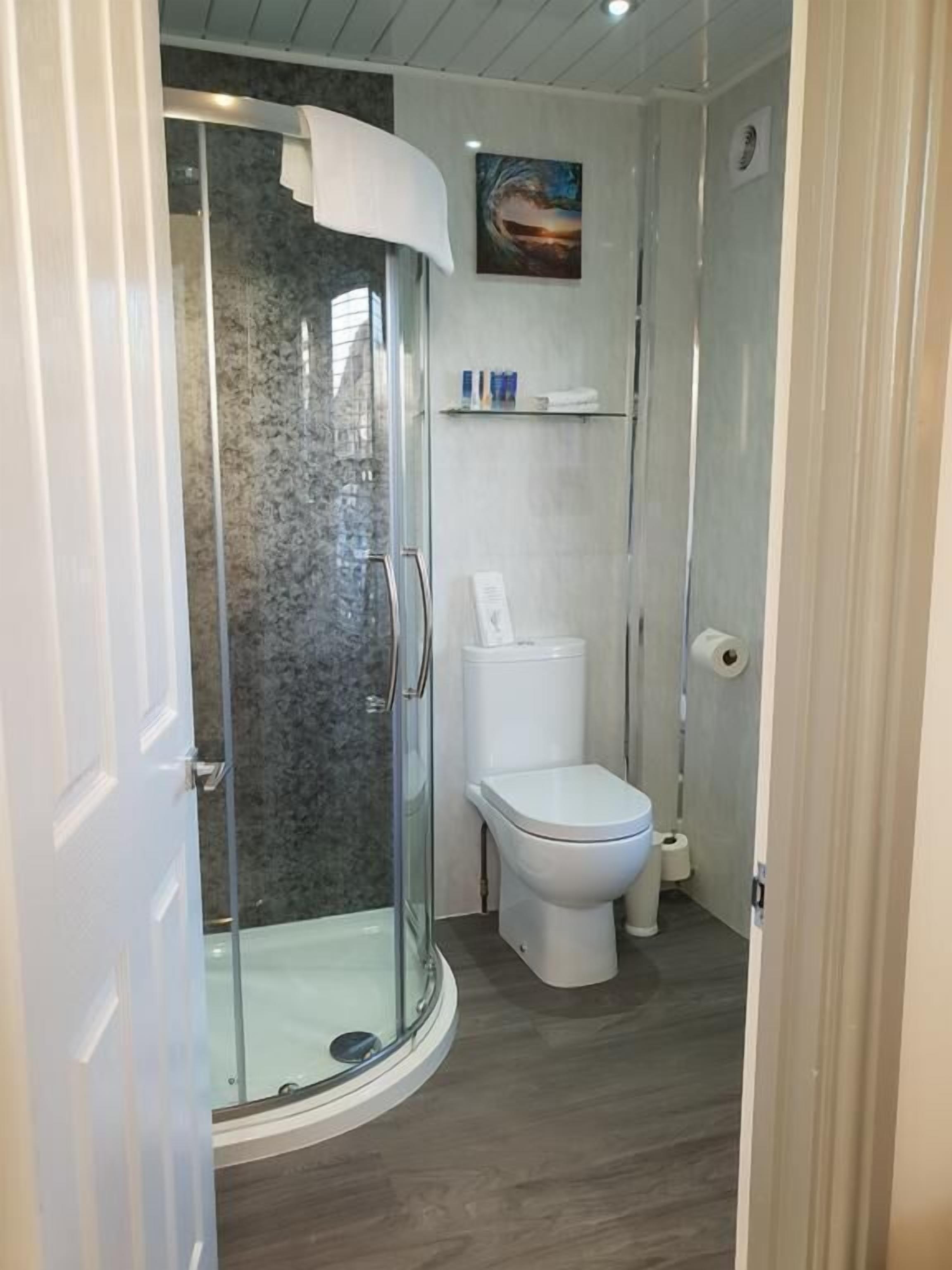 Un baño moderno con cabina de ducha de vidrio, inodoro y un pequeño estante con artículos de aseo.