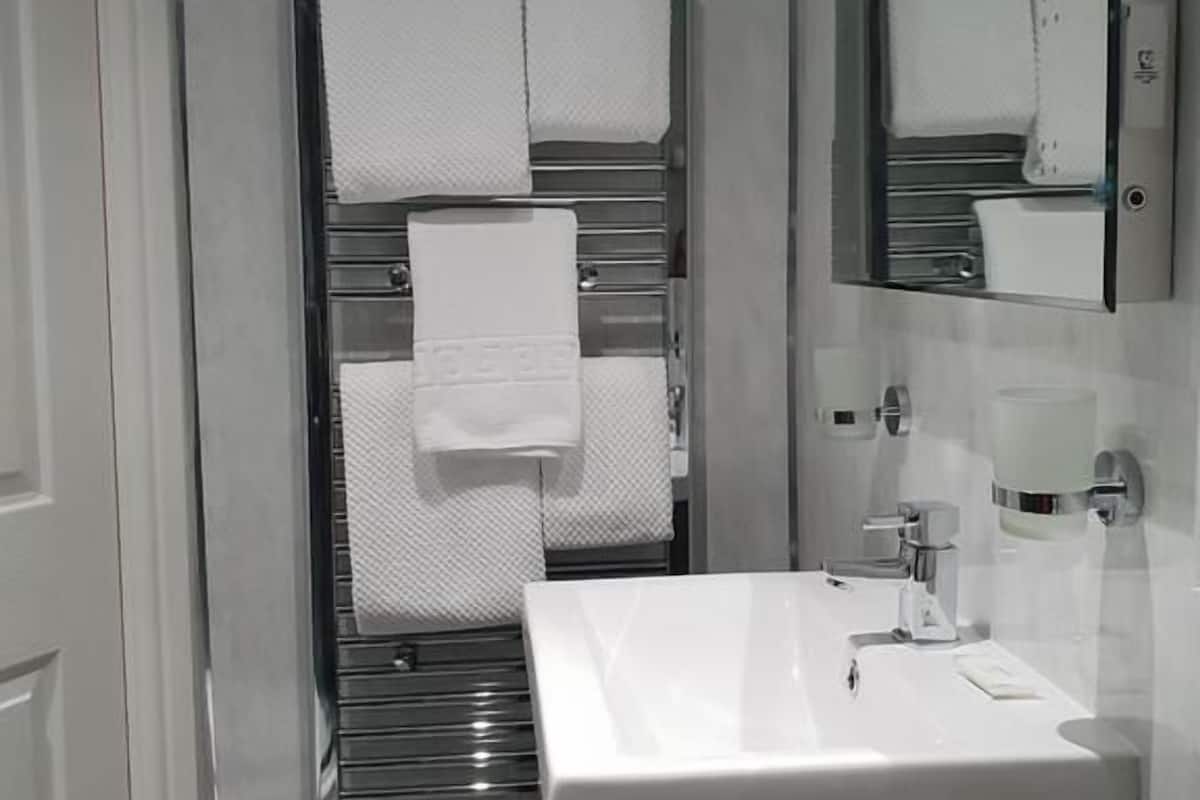 Shower, free toiletries, hair dryer, towels