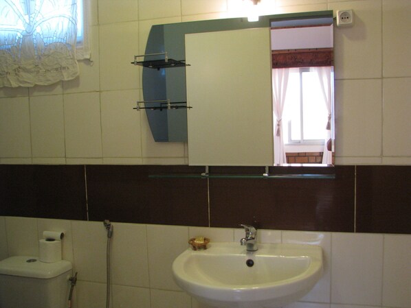 A bathroom with a toilet, sink, and mirror.