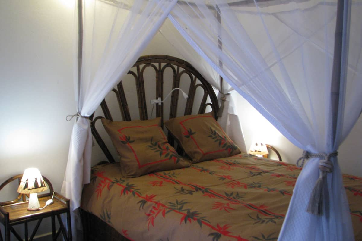 A bed with a canopy, two pillows, a nightstand with a lamp, and a wall-mounted switch.