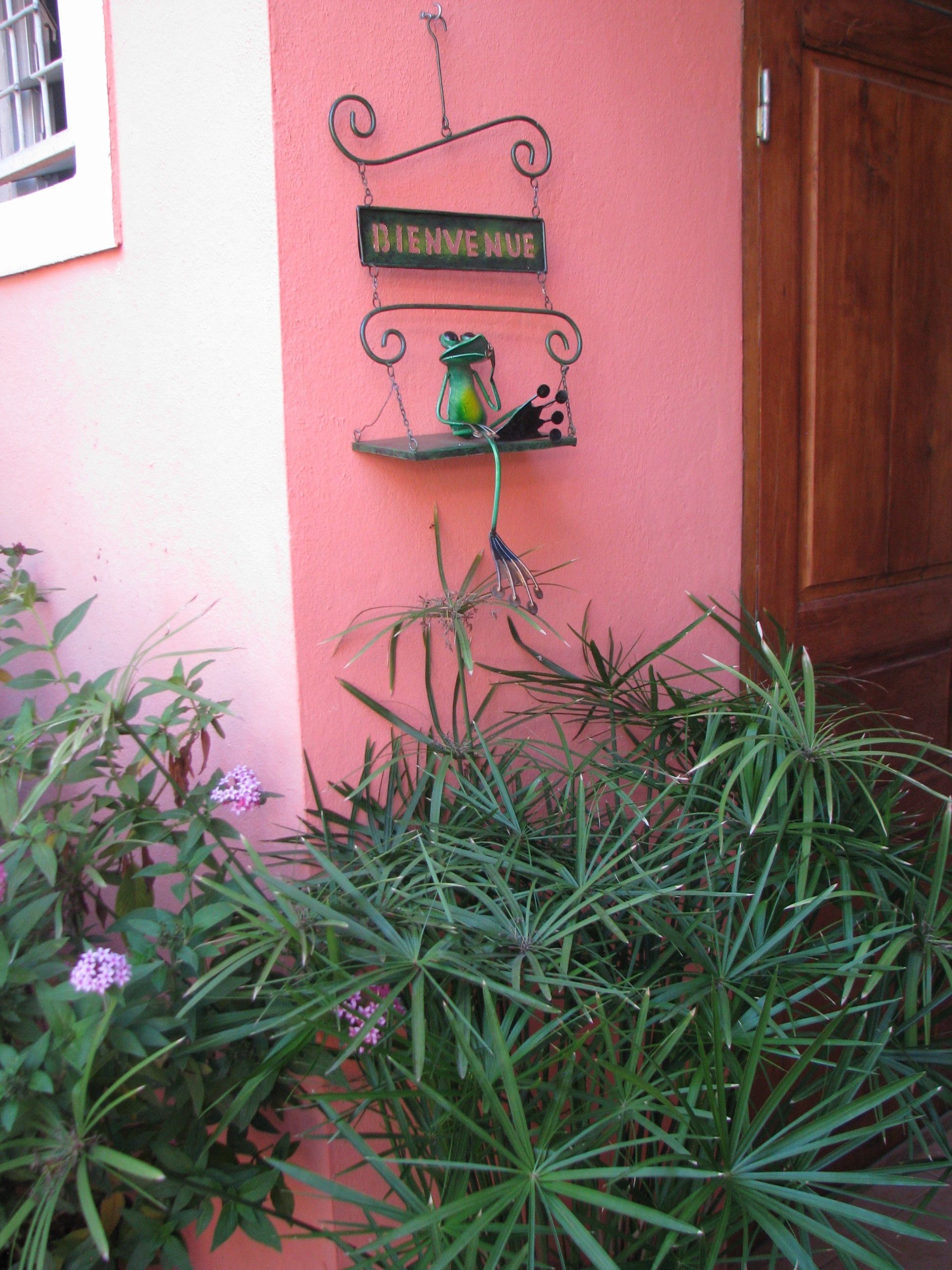 Un letrero metálico con la palabra 'BIENVENUE' colgado sobre una pared rosa, una pequeña figurina de rana y una planta colgante con hojas largas.