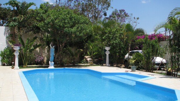 Una piscina con solárium de baldosas, rodeada de abundante vegetación y un coche blanco aparcado cerca.