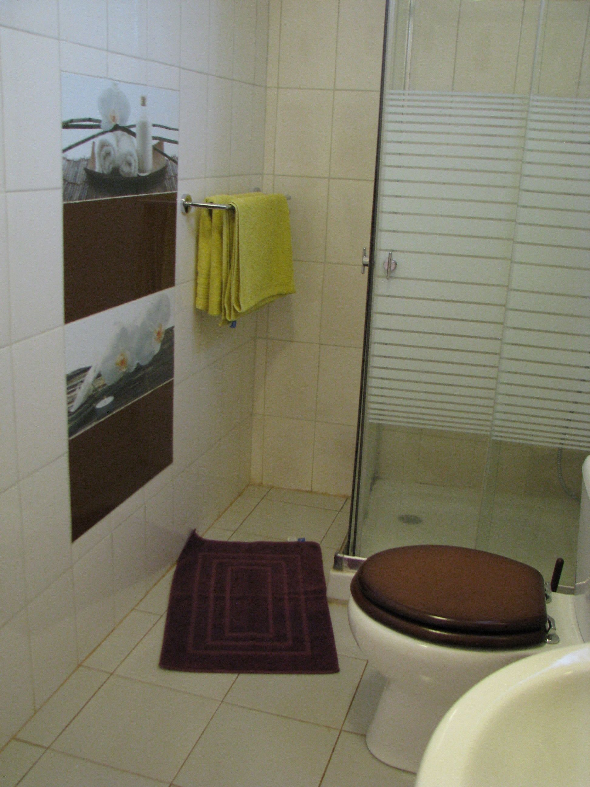 A bathroom with a toilet, a shower, and a glass-enclosed shower stall.