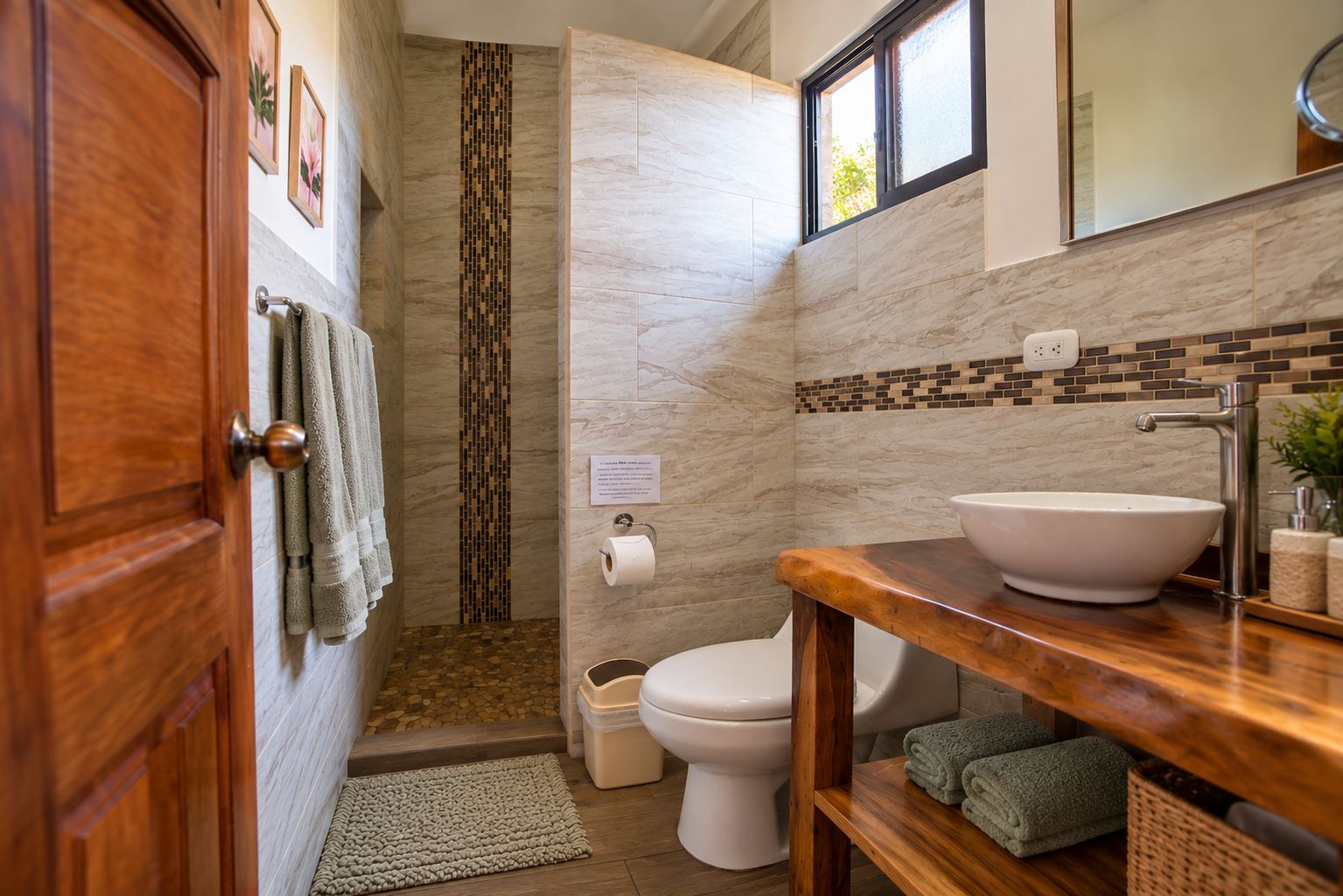 A bathroom with a wooden door, a white toilet, a sink with a marble countertop, and a shower with a tiled wall.