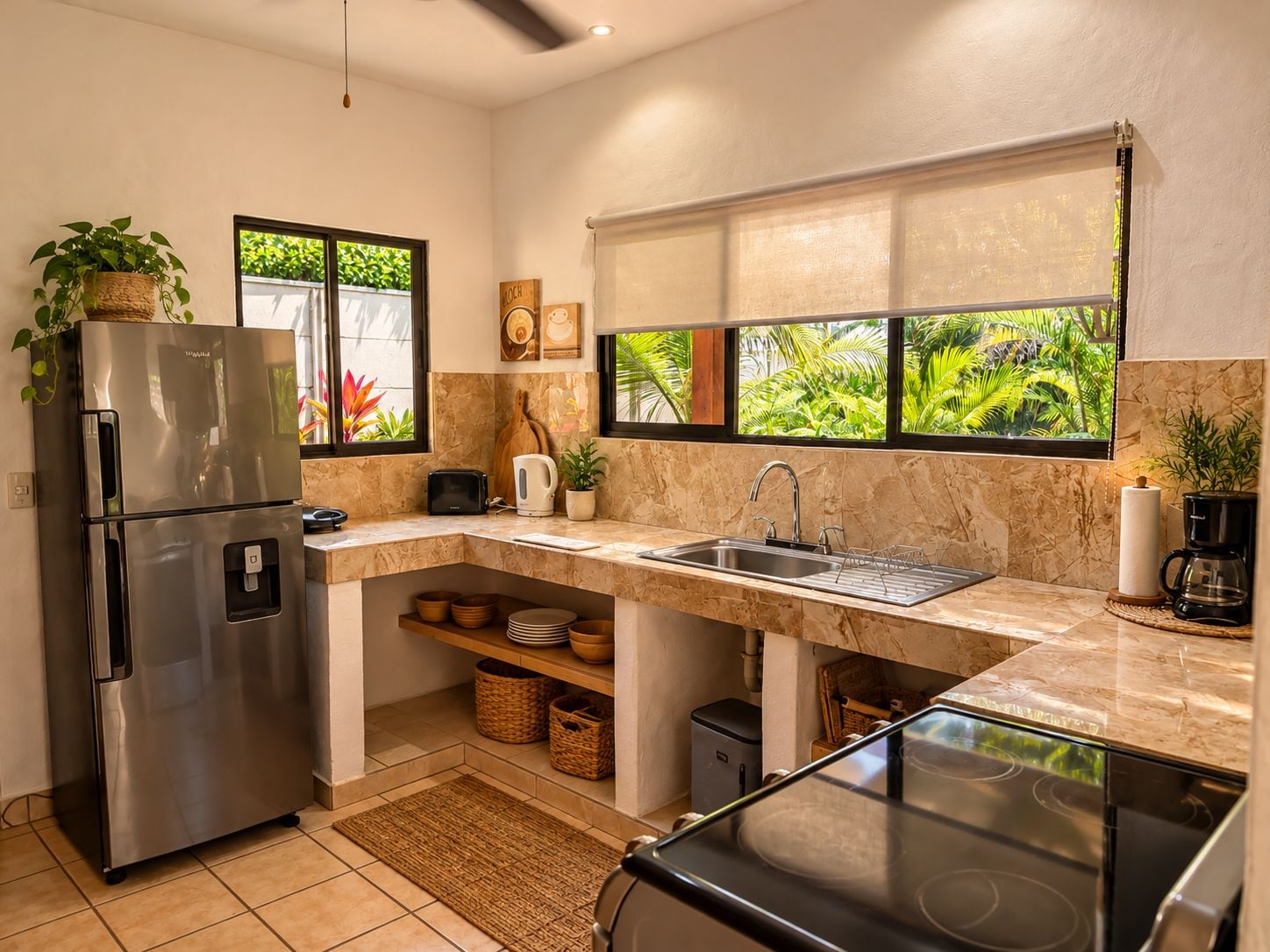 A kitchen with a stainless steel refrigerator, a built-in oven, a sink, and a window with a view of greenery.
