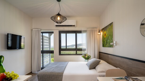 Een hotelkamer met een bed, bureau, televisie, raam met uitzicht en een airconditioning.