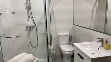 A modern bathroom with a glass shower enclosure, a toilet, and a sink with a mirror above it.