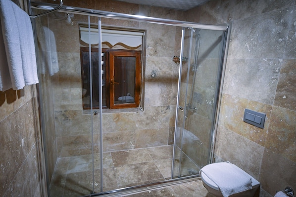 Un espace douche clos par des parois de verre, comprenant des toilettes et un porte-serviettes.