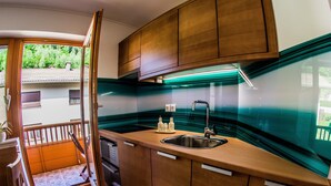 A compact kitchen with wooden cabinets, a stainless steel sink, and a green backsplash. - Apartments BBI (Luce)