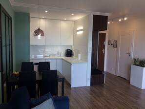 Deluxe Apartment, 1 King Bed with Sofa bed, River View | Private kitchen | Full-sized fridge, microwave, oven, stovetop - Torun deLuxe (Torun)
