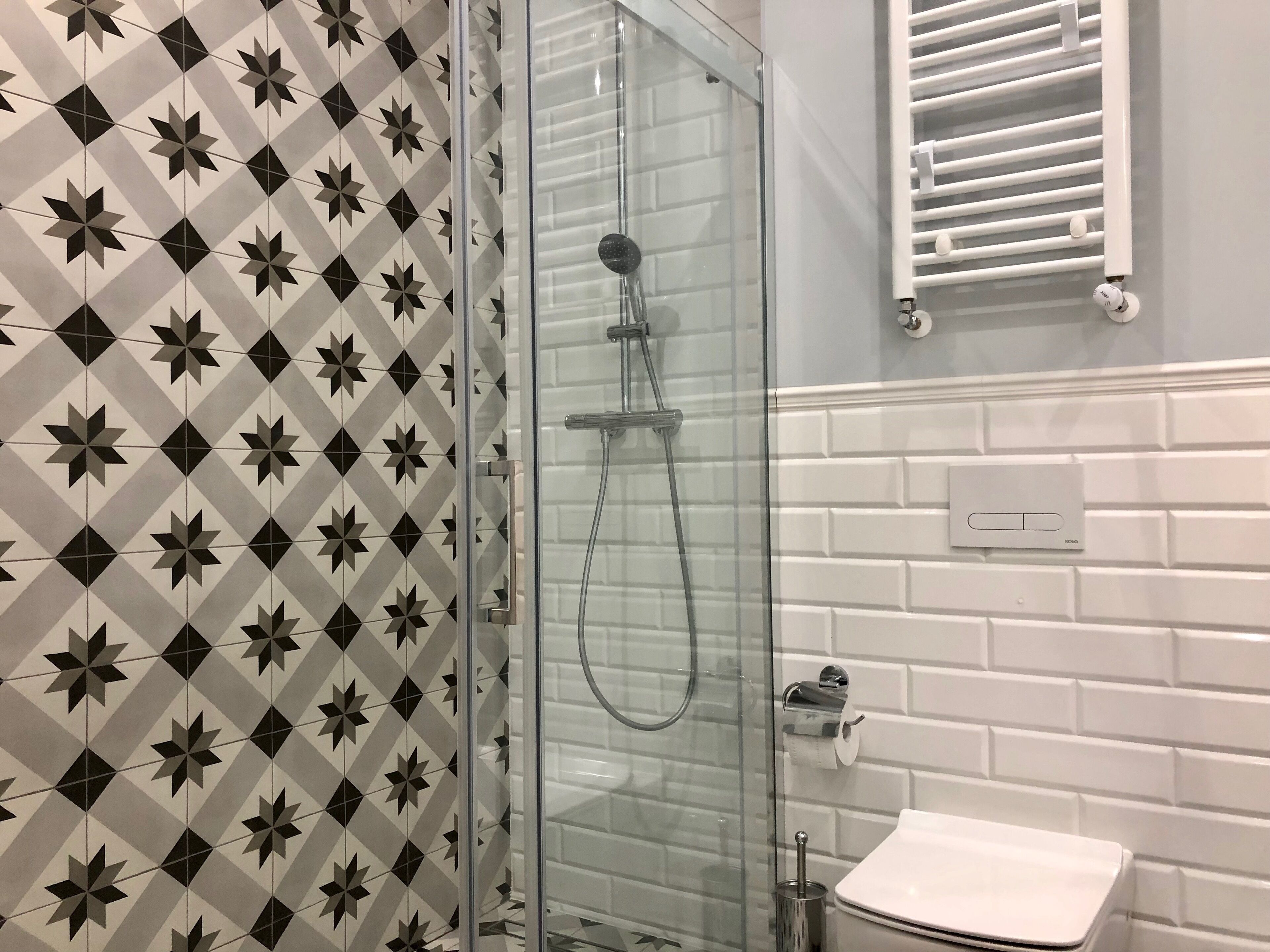 A bathroom with a shower, toilet, and a towel rack.