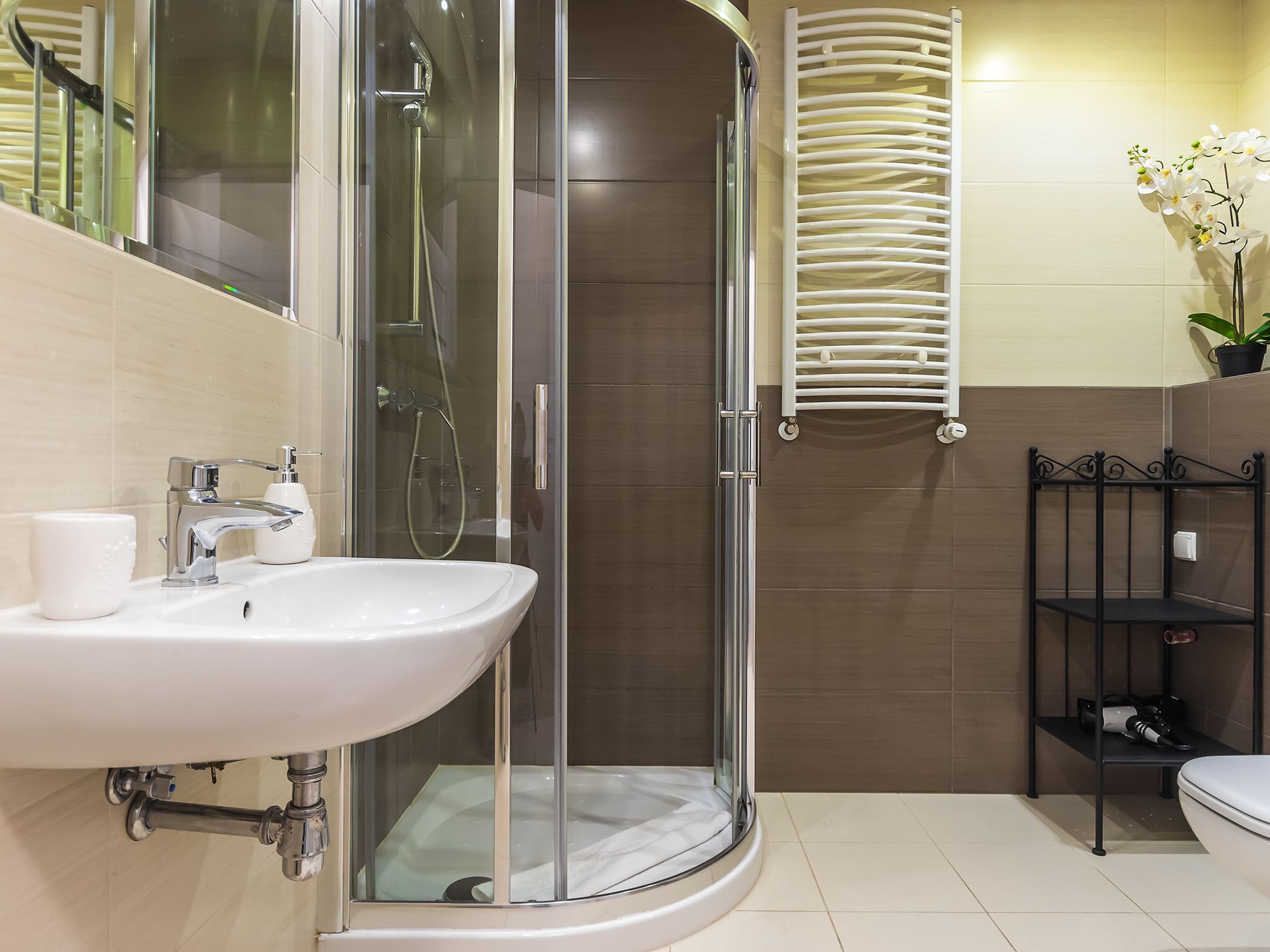 A modern bathroom with a glass-enclosed shower, a white sink, and a black shelf with toiletries.