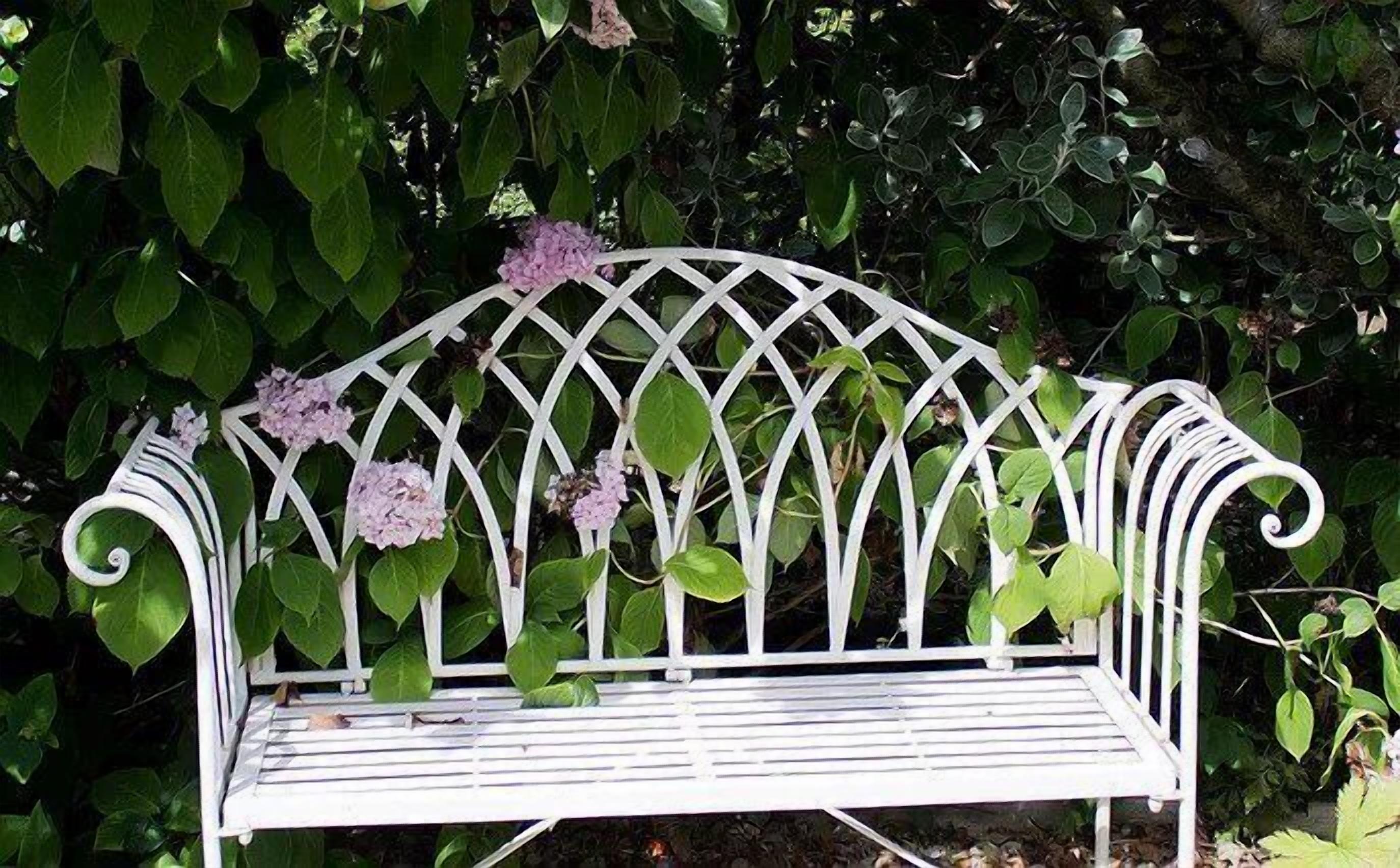 A white metal bench with a lattice backrest, surrounded by lush green foliage and purple flowers.