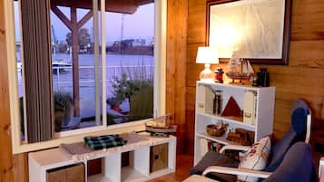 TV, lareira, livros, aparelho de som