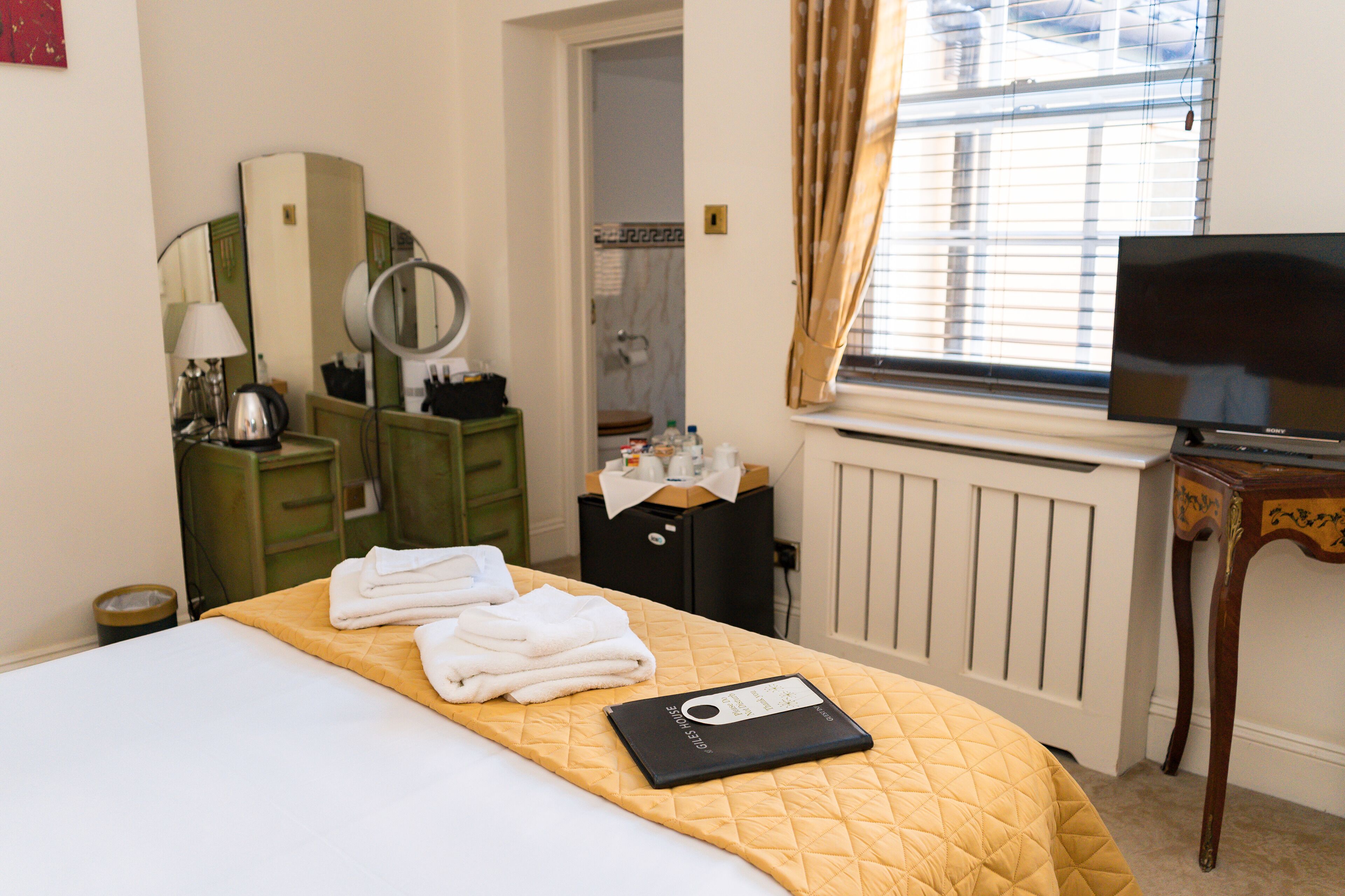 A hotel room with a bed, a bedside table with a lamp, a dresser with a mirror, a radiator, and a television.