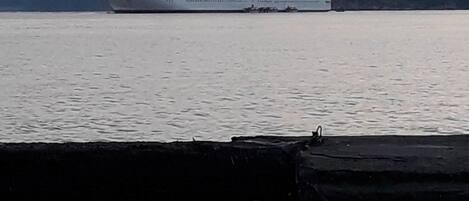 Una grande nave da crociera ormeggiata al molo, con acque calme e colline sullo sfondo.