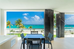 Private beach, white sand, free beach cabanas, sun-loungers