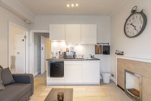 Un espace de vie compact comprenant une kitchenette, un coin repas et une cheminée.