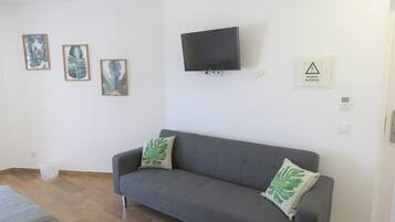A room with a grey sofa, two green leaf-patterned cushions, a flat-screen TV mounted on the wall, and three framed leaf artworks on the wall.
