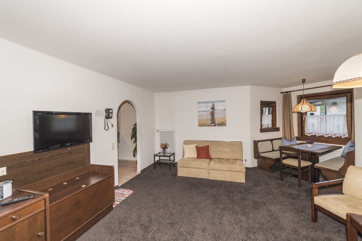 A living room with a television, sofa, dining table, and chairs.