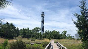 A lighthouse with a distinctive black and white pattern, a wooden walkway leading to it, and surrounding greenery.