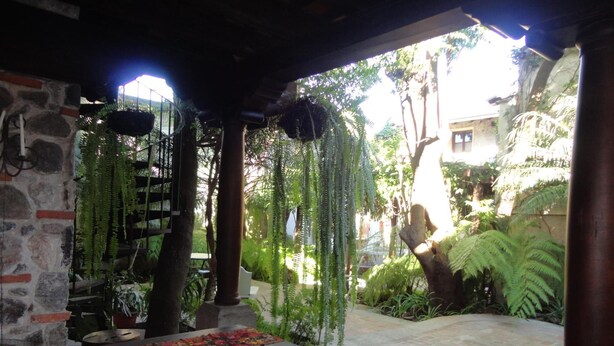 A covered outdoor area with stone walls, a wooden bench, hanging plants, and a tiled floor.
