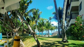 Tropisches Resort mit Palmen, Blick auf das klare Meer und einer Rasenfläche mit Außenbestuhlung.